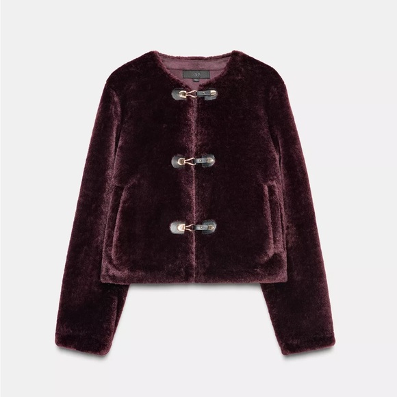 Zara 🔥🔥🔥Burgundy Faux FurJacket Size Large -NWT - Picture 8 of 10